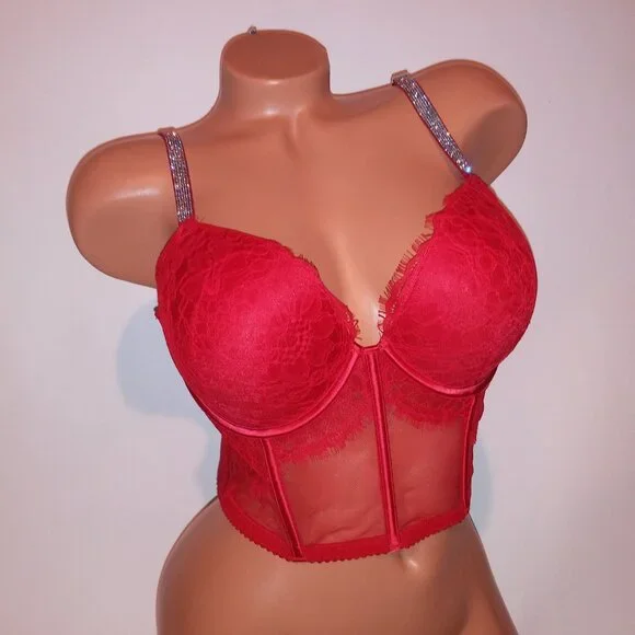 Victoria Secret Bra Push Up Red Silver Shine Strap Logo Lace Long Line Very Sexy Bras